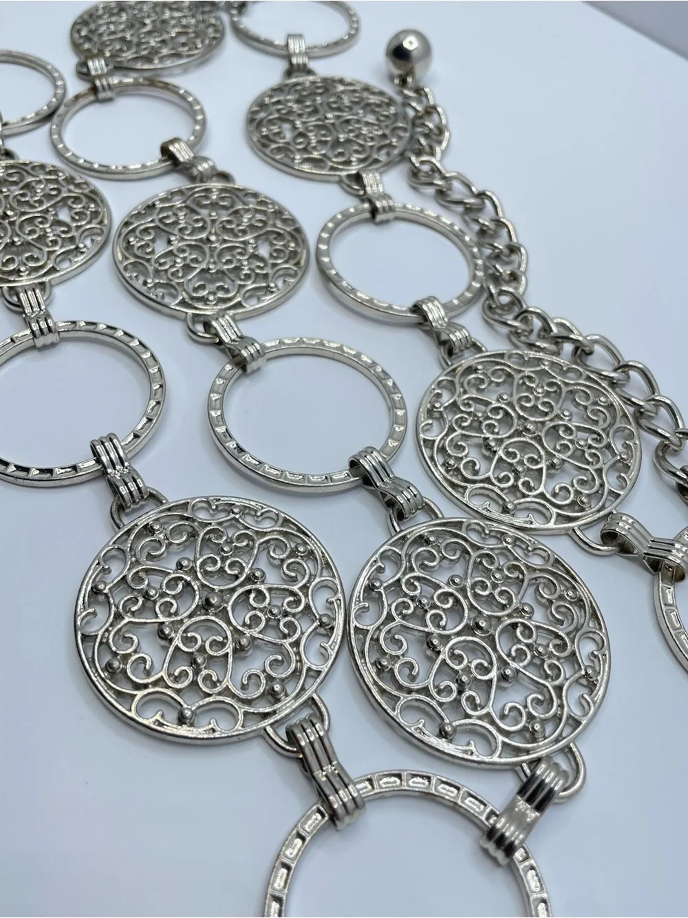 Silver Tone Filigree Disc Chain Belt Boho Retro Statement Adjustable Modern